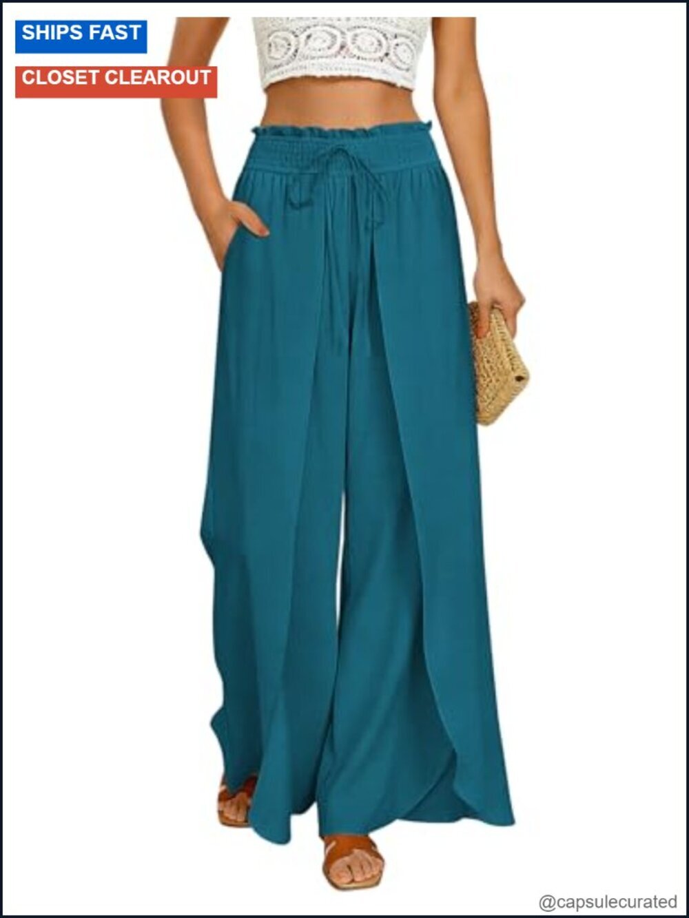Wide Leg Linen Blend Drawstring High Waisted Palazzo Beach Pants